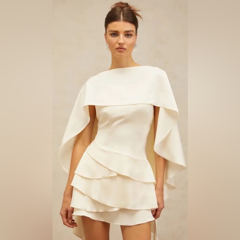 Miss Rosier Lyna white shawl-panel ruffled satin dress